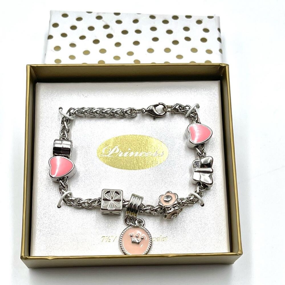 NEW - Pink&Silver Bracelet hearts / flowers romantic style charms